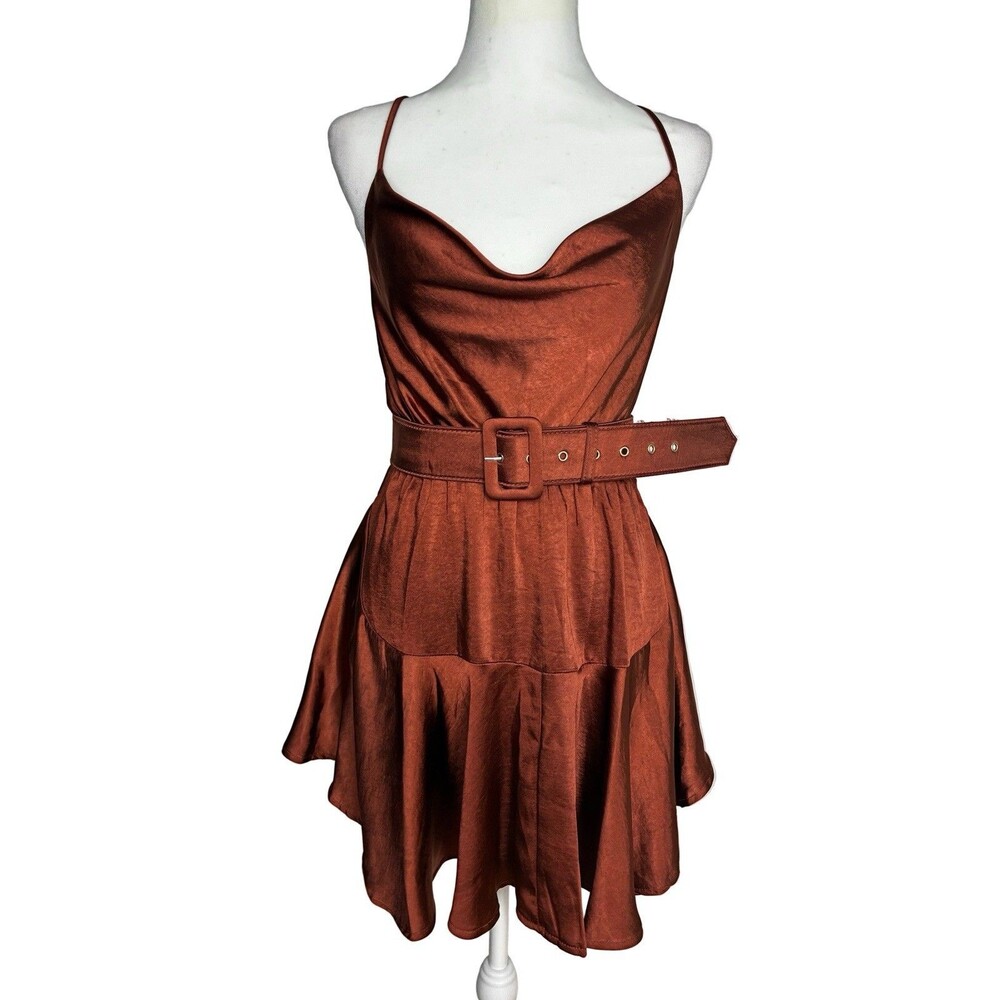 Selfie Leslie Women’s Copper Satin Belted Mini Dress Size Small
